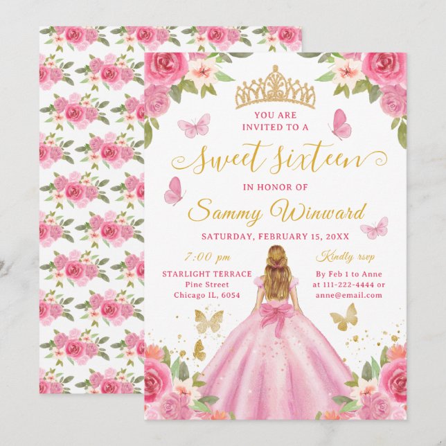 Invitation Couronne dorée florale rose Princesse Sweet Sixtee (Devant / Derrière)