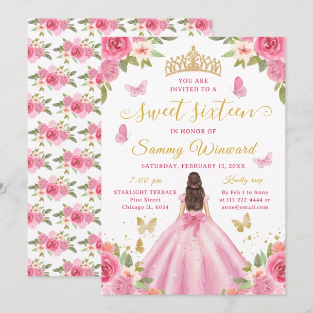 Invitation Couronne dorée florale rose Princesse Sweet Sixtee (Devant / Derrière)