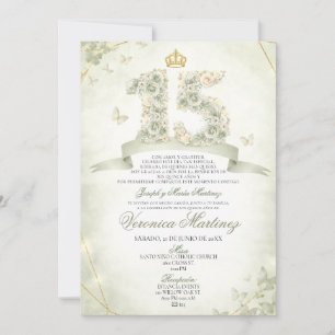 Invitation Couronne dorée florale sauge espagnole Sweet 15 An