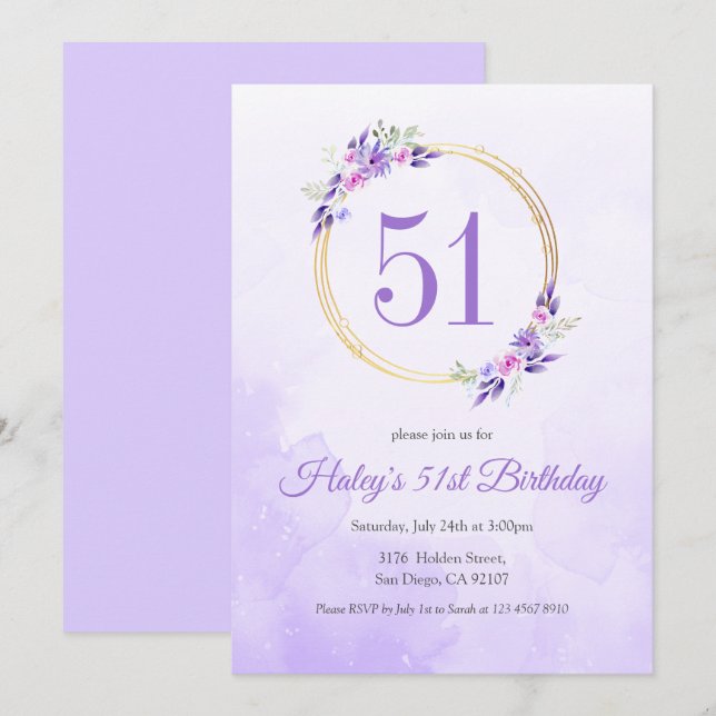 Invitation Couronne dorée florale violet pastel pour 51e anni (Devant / Derrière)