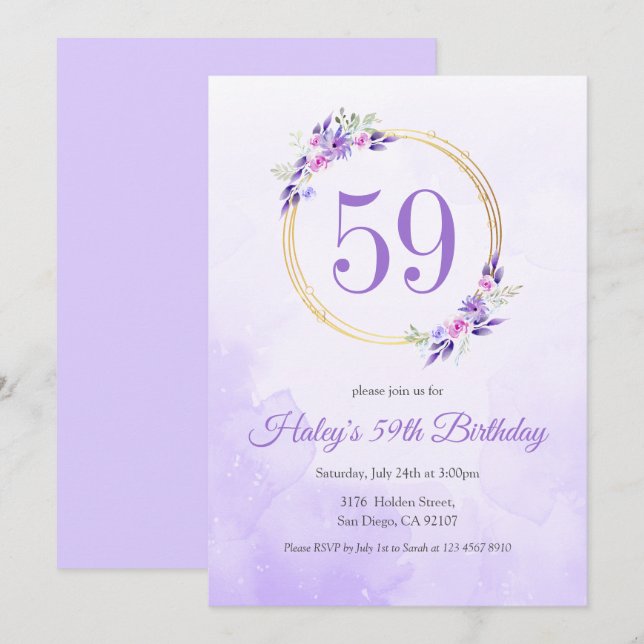 Invitation Couronne dorée florale violet pastel pour 59e anni (Devant / Derrière)
