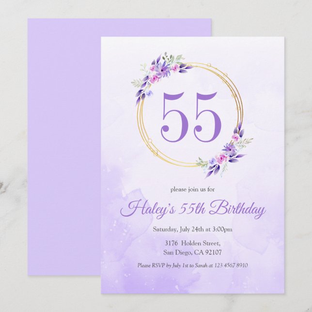 Invitation Couronne dorée florale violette pastel pour 55e an (Devant / Derrière)