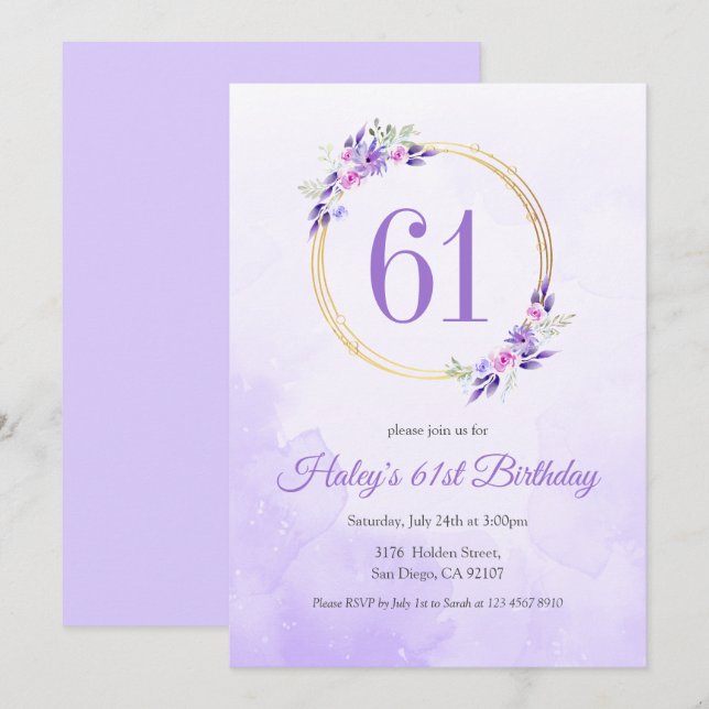 Invitation Couronne dorée florale violette pastel pour 61e an (Devant / Derrière)