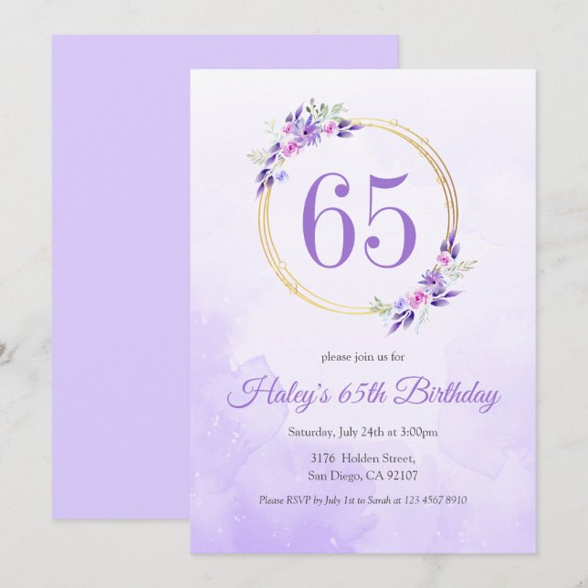 Invitation Couronne dorée florale violette pastel pour 65e an (Devant / Derrière)