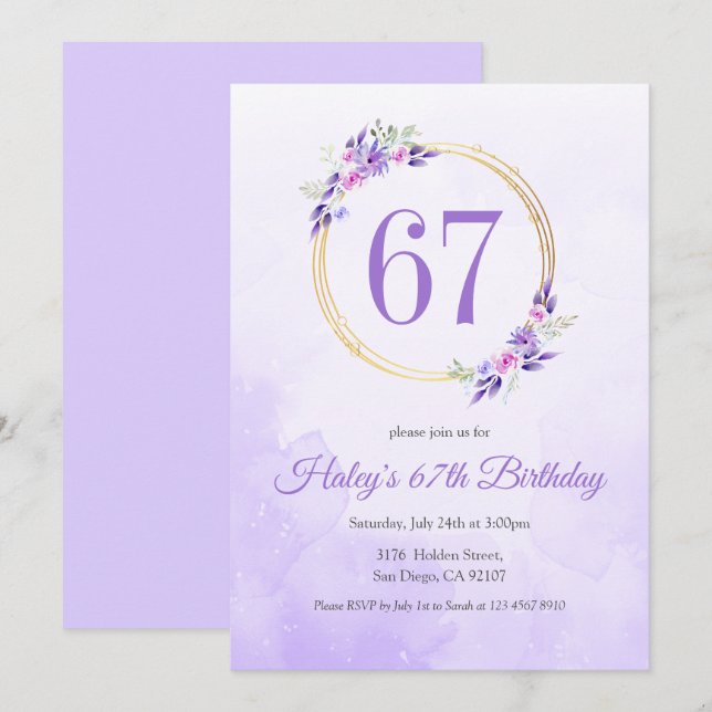Invitation Couronne dorée florale violette pastel pour 67e an (Devant / Derrière)