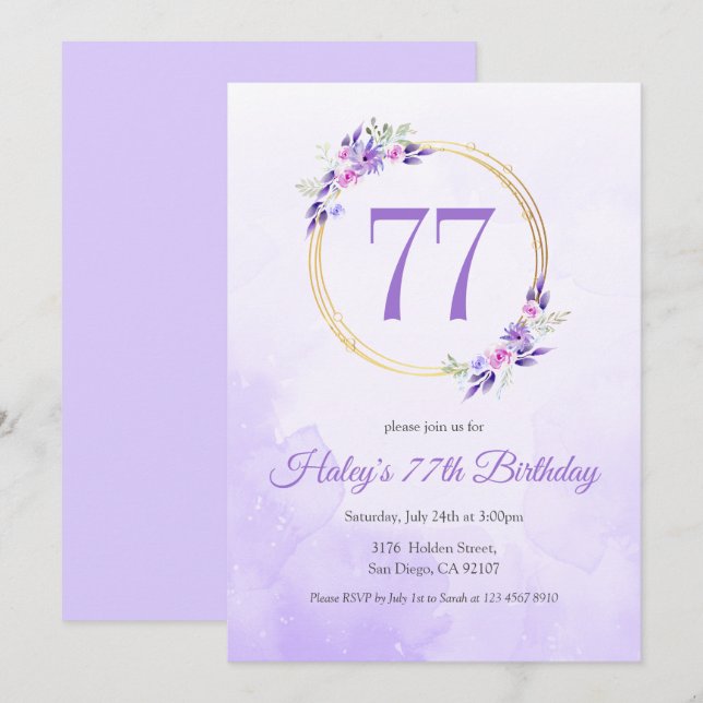 Invitation Couronne dorée florale violette pastel pour 77e an (Devant / Derrière)