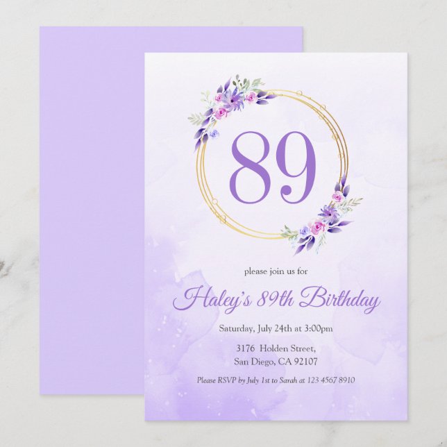 Invitation Couronne dorée florale violette pastel pour 89e an (Devant / Derrière)