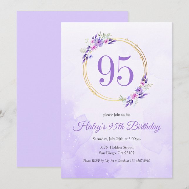 Invitation Couronne dorée florale violette pastel pour 95e an (Devant / Derrière)