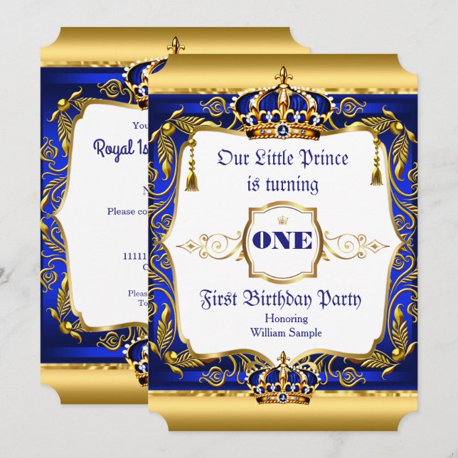 Invitation Couronne dorée ornée de bleu pour le 1er anniversa (Devant / Derrière)