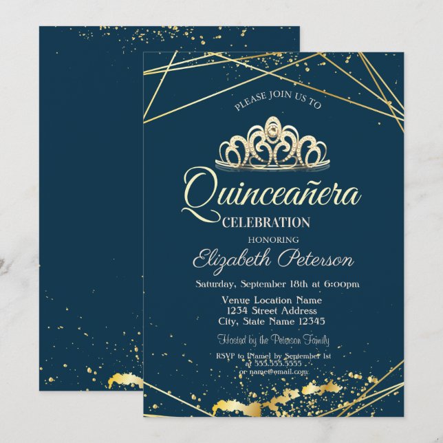 Invitation Couronne dorée, Quinceañera bleu marine (Devant / Derrière)