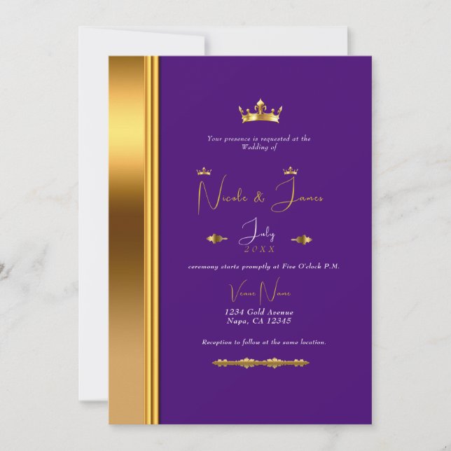 Invitation Couronne dorée Royale Violet Élégant Mariage Glamo (Devant)