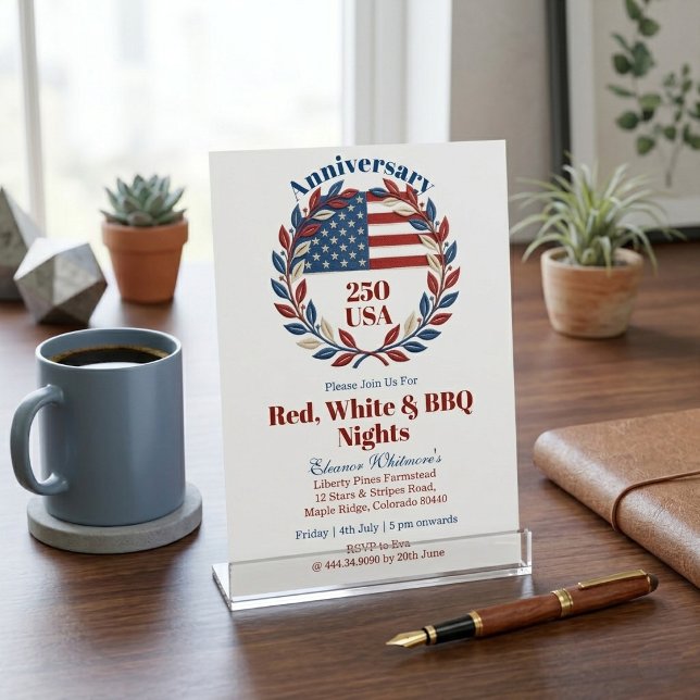 Invitation Couronne du 250e anniversaire des nuits de BBQ rou (Red White BBQ Nights 250th USA Anniversary Wreath Invitation)