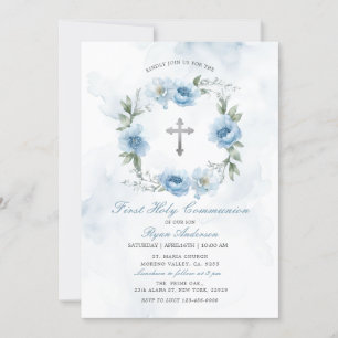 Invitation Couronne Dusty Bleu Première Communion Sainte