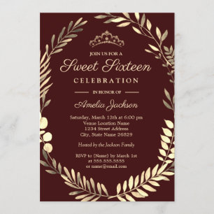 Invitation Couronne élégante Bourgogne Or Sweet Sixteen