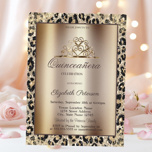 Invitation Couronne élégante Imprimé léopard Douce Quinceañer (Créateur téléchargé)