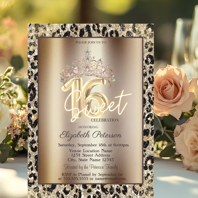 Invitation Couronne élégante Imprimé léopard Sweet 16   (Créateur téléchargé)