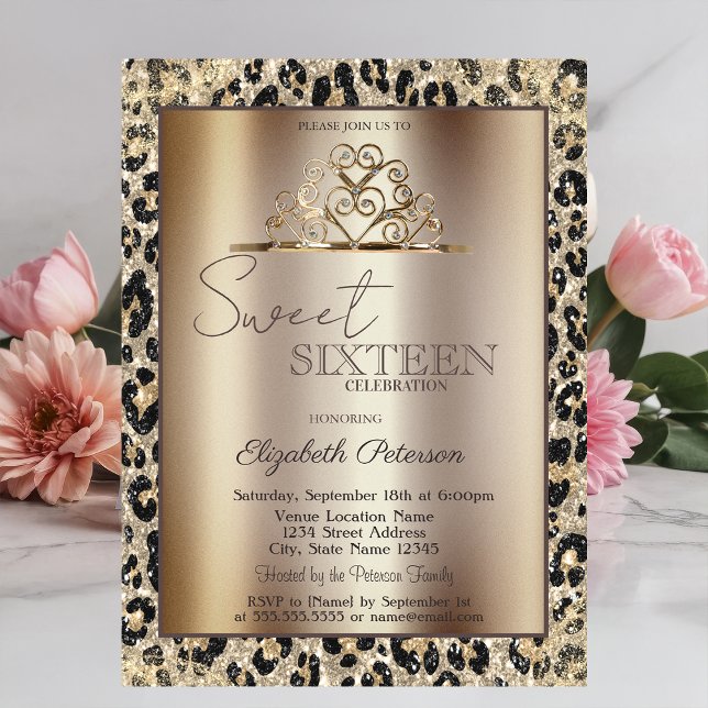 Invitation Couronne élégante Imprimé léopard Sweet 16   (Créateur téléchargé)