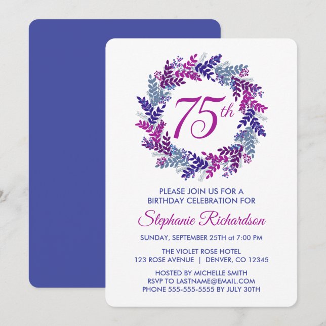 Invitation Couronne élégante rose et violette pour 75 ans (Devant / Derrière)