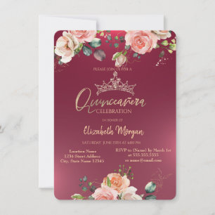 Invitation Couronne Élégante Roses Bourgogne Quinceañera