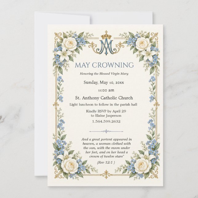 Invitation Couronne élégate de mai Monogramme marianiste cath (Devant)