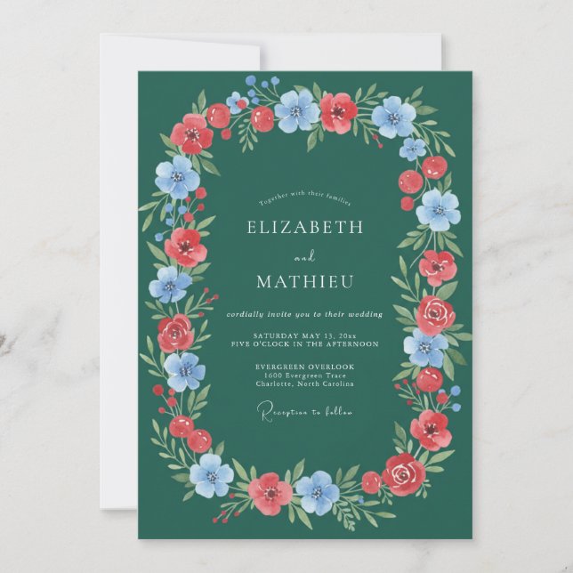 Invitation Couronne émeraude Romance florale de mariage (Devant)