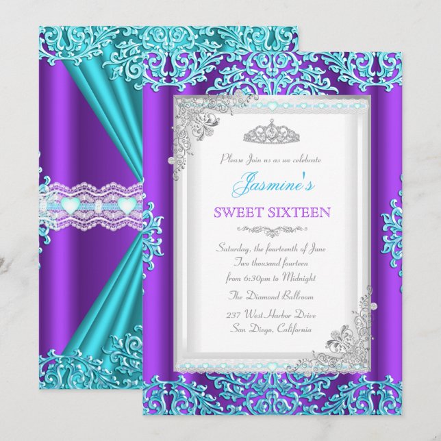 Invitation Couronne en dentelle damassée violet sarcelle arge (Devant / Derrière)