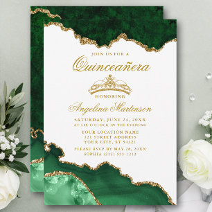 Invitation Couronne en marbre doré vert Quinceanera