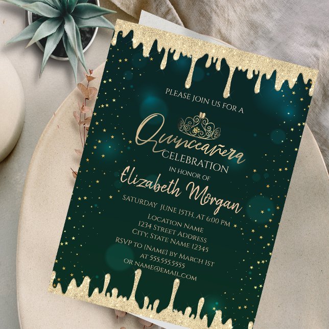 Invitation Couronne en or chic, gouttes de paillettes sur fon (Créateur téléchargé)