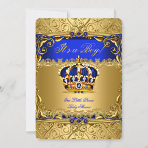 Invitation Couronne en or damassé bleu royal pour Baby Shower