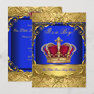 Invitation Couronne en or damassé bleu royal pour bébé garçon