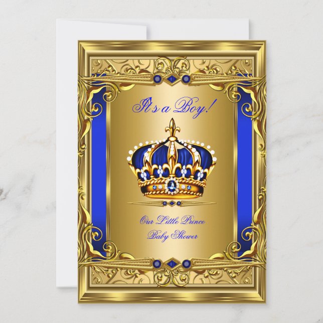 Invitation Couronne en or damassé bleu royal pour bébé garçon (Devant)