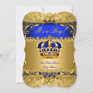 Invitation Couronne en or damassé bleu royal pour garçon Baby