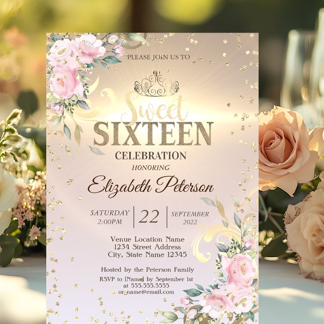 Invitation Couronne en or Douces Diamants Fleurs 16 Fête (Créateur téléchargé)