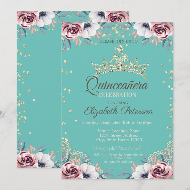Invitation Couronne en or, Fleurs de diamants Vert menthe Qui (Devant / Derrière)