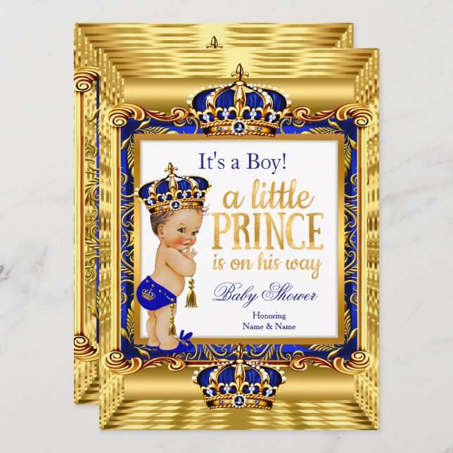 Invitation Couronne en or ornée de bébé prince Shower Bleu (Devant / Derrière)
