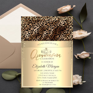 Invitation Couronne en or,Quinceañera à impression de léopard