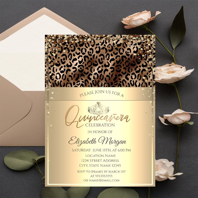 Invitation Couronne en or,Quinceañera à impression de léopard (Créateur téléchargé)