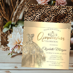 Invitation Couronne en or,Tiara Robe Imprimé Léopard Quinceañ