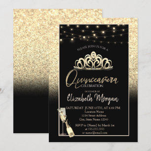Invitation Couronne en or,Verre à vin pailleté Quinceañera