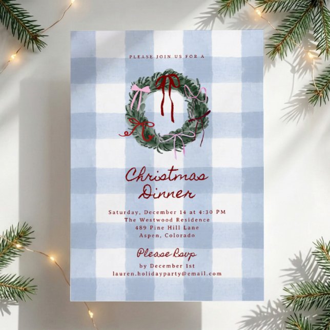 Invitation Couronne en vichy bleu Souper de Noël  (Créateur téléchargé)
