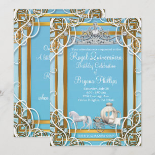 Invitation Couronne et Carrosse de Princesse Bleu Or Quinceañ
