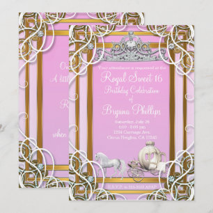 Invitation Couronne et Carrosse de Princesse en Or Rose Sweet