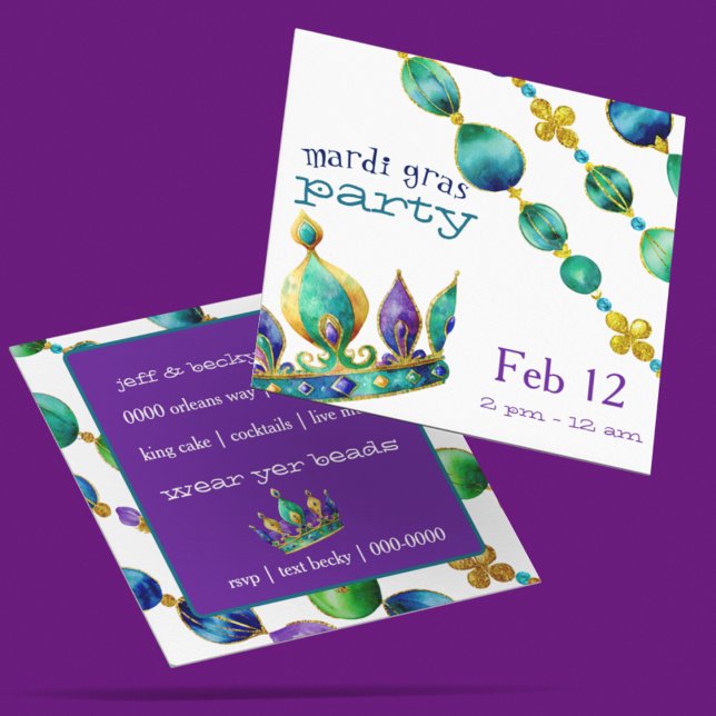 Invitation Couronne et colliers de perles de Mardi Gras  (Customize the front and back of these Mardi Gras party invitations.)