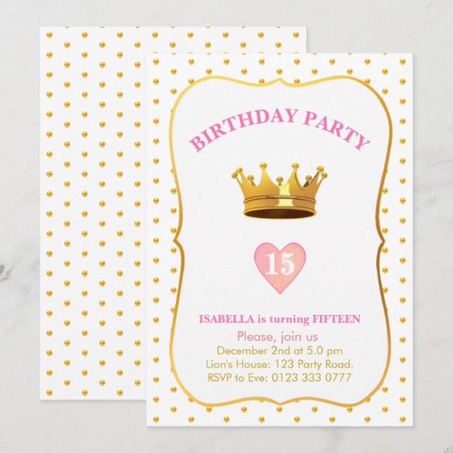 Invitation Couronne et confettis dorés pour 15 ans (Devant / Derrière)