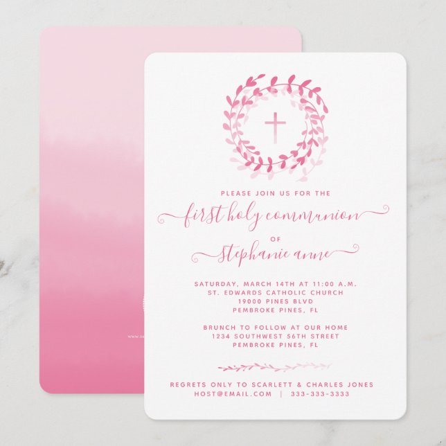 Invitation Couronne et croix rose communion (Devant / Derrière)