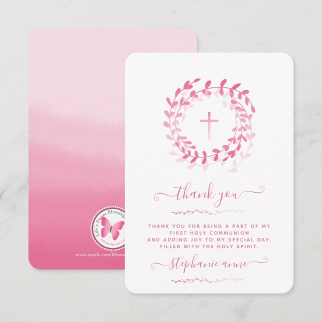Invitation Couronne et croix rose communion (Devant / Derrière)
