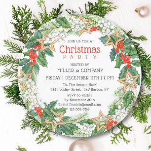 Invitation Couronne étoilée de houx pour la fête de Noël de l