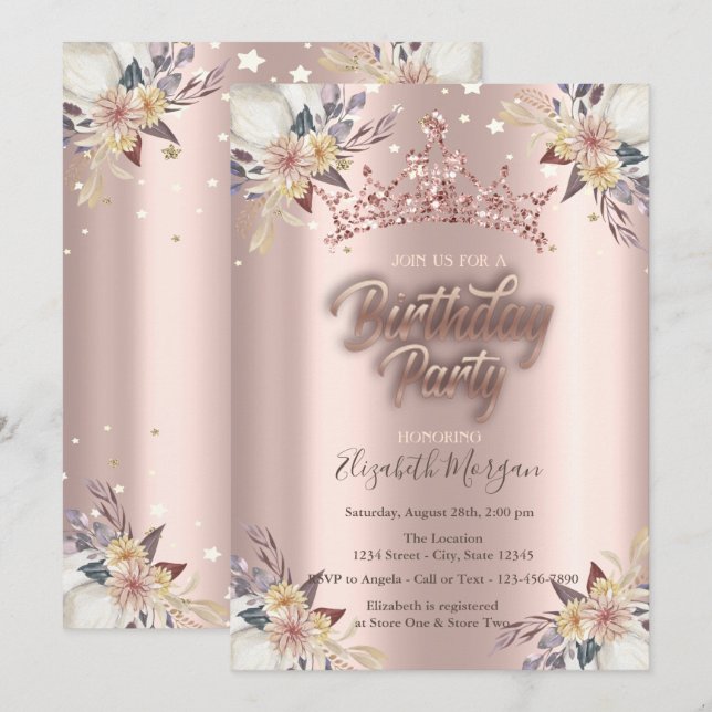 Invitation Couronne étoilée fleurs rose gold fête d'anniversa (Devant / Derrière)