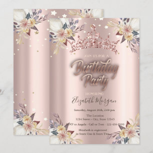 Invitation Couronne étoilée fleurs rose gold fête d'anniversa