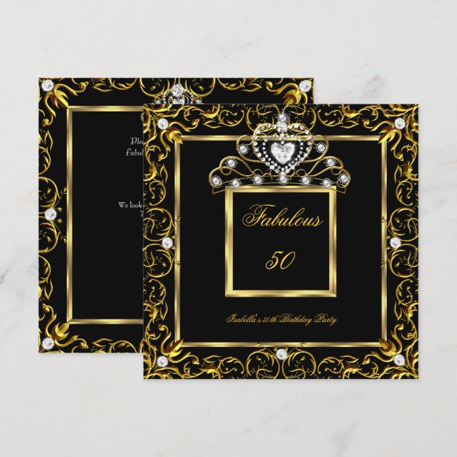 Invitation Couronne Fabuluse 50 Ans Anniversaire Noir Or (Devant / Derrière)